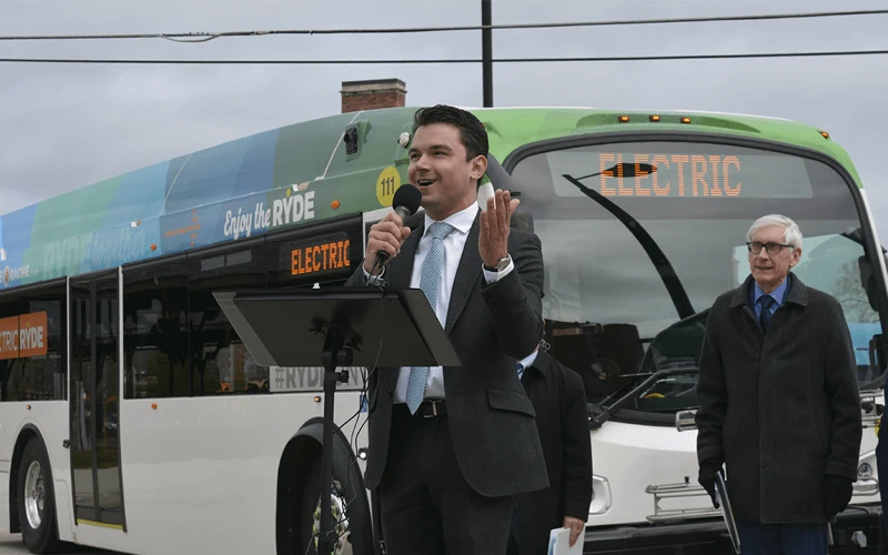 Racine, WI, RYDE Racine, Racine Transit Center, Transportation Director Trevor S. Jung, Wisconsin Governor Tony Evers, ProTerra battery electric buses, April 27, 2022