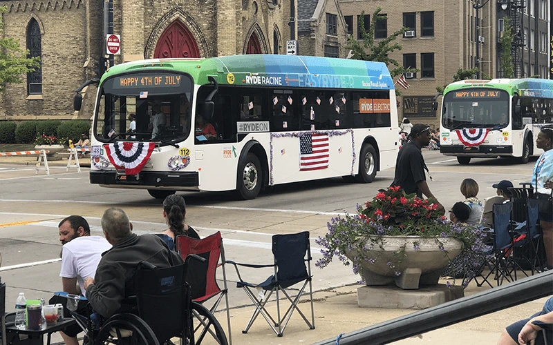 Racine, WI, RYDE Racine, Main Street, ProTerra battery electric bus, 4th Fest Parade, July 4, 2022