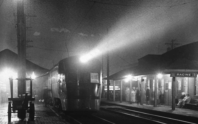 Racine, WI, North Shore Line, CNS&M, Electroliner, Station, Night train, Washington Avenue, CVS Pharmacy, West Boulevard, West Racine, August 1956