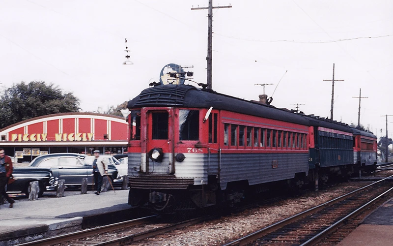 Racine, WI, North Shore Line, CNS&M 768, Silverliner, Piggly-Wiggly, Washington Avenue, CVS Pharmacy, West Boulevard, West Racine, June 1960